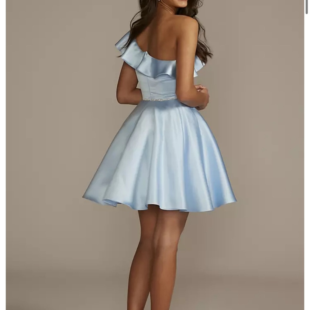 Light Blue One-Shoulder Ruffle Satin Party Dress - Picture 2 of 13